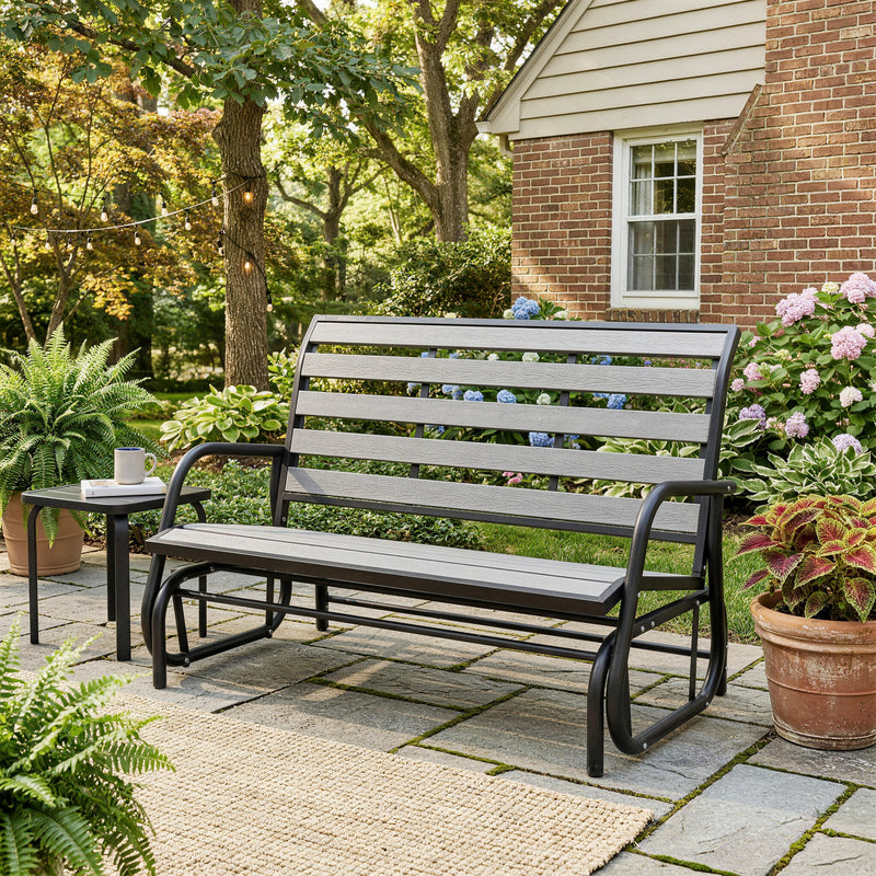 Outsunny - 2 Person Outdoor Glider Bench, Patio Glider Loveseat with Faux Wood Slatted Seat and Back, Steel Frame, Grey