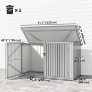 7.6 x 3.4ft Outdoor Storage Shed, 3 Garbage Bin Shed Organizer with Lockable Double Doors, Openable Lid, Silver Grey