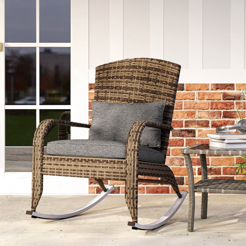 Outsunny - Adirondack Chair, Outdoor Wicker Rocking Chair with High Back, Seat Cushion and Pillow for Porch, Balcony, Grey/Yellow