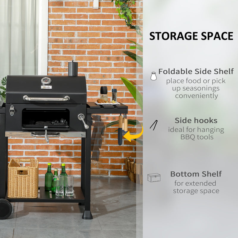 Outsunny - Charcoal BBQ Grill Smoker with Adjustable Charcoal Pan and Galvanised Steel Shell, Barbecue Grill Trolley with Storage