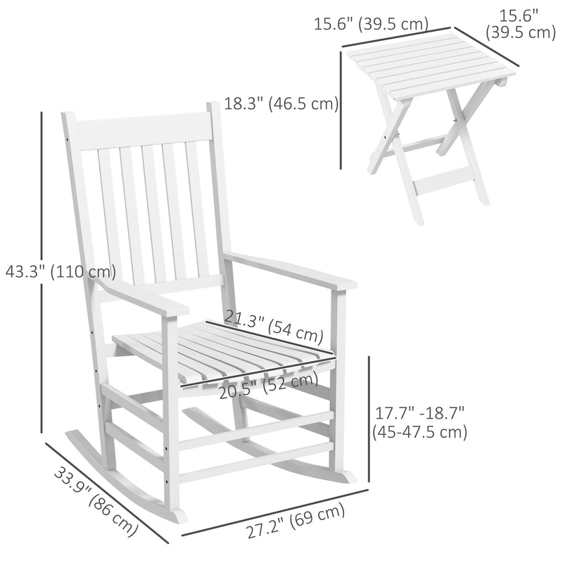 Outsunny - 3 Pieces Outdoor Rocking Chair Set, Wooden Patio Rocking Chair Set with Folding Table, High Back and Armrests, White