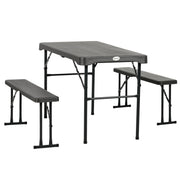 Outsunny - Folding Picnic Table with 2 Benches, 3-Piece Portable Outdoor Picnic Table Bench Set for 4, Patio Dining Table Set with Plastic Top, Steel Frame for Garden, Dark Grey