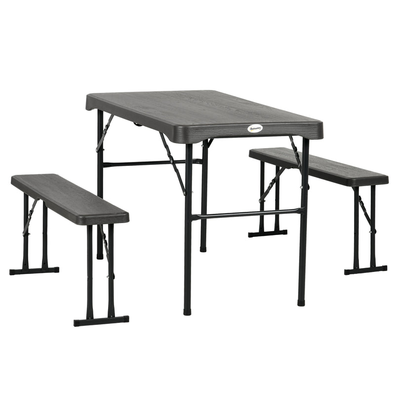 Outsunny - Folding Picnic Table with 2 Benches, 3-Piece Portable Outdoor Picnic Table Bench Set for 4, Patio Dining Table Set with Plastic Top, Steel Frame for Garden, Dark Grey