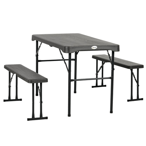 Outsunny - Folding Picnic Table with 2 Benches, 3-Piece Portable Outdoor Picnic Table Bench Set for 4, Patio Dining Table Set with Plastic Top, Steel Frame for Garden, Dark Grey