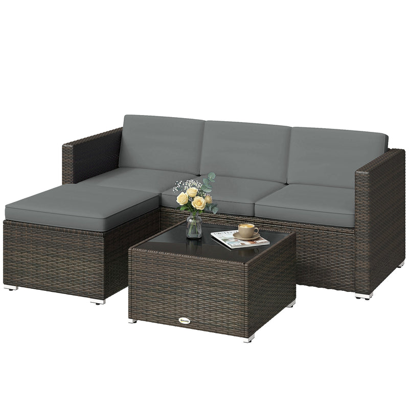 Outsunny - 3 Pieces Patio Furniture Set with Cushions, Outdoor PE Rattan Wicker Conversation Corner Sofa Set with Glass Top Table