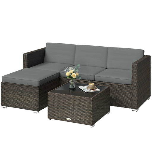 Outsunny - 3 Pieces Patio Furniture Set with Cushions, Outdoor PE Rattan Wicker Conversation Corner Sofa Set with Glass Top Table