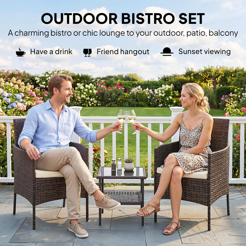 Outsunny - Wicker Bistro Set, 3 Piece Patio Furniture Set with 2-Tier Glass Top Table, Cushions for Balcony, Porch, Khaki