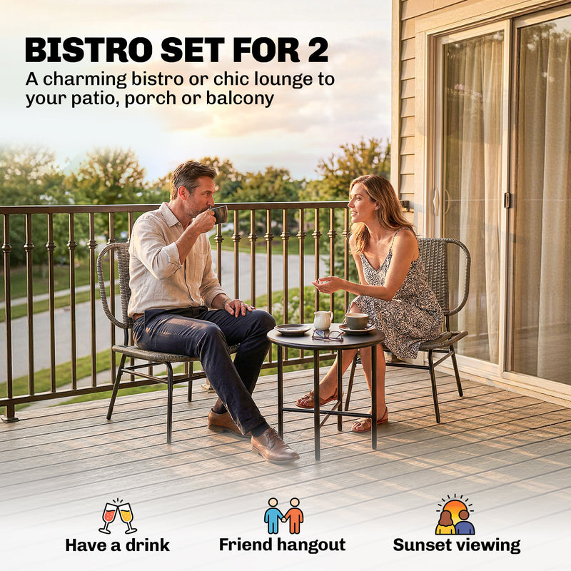 Outsunny - 3 Piece Wicker Patio Furniture Set, Outdoor Bistro Set with Steel Table, Rattan Outdoor Conversation Furniture, Grey