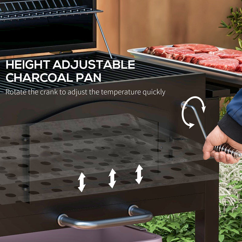 Outsunny - Charcoal Smoker Adjustable Height, Folding Shelves, Thermometer, and Wheels, Black