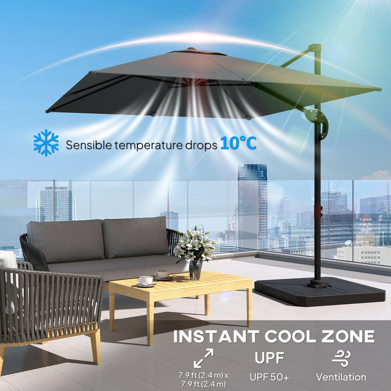 8' x 8' Offset Cantilever Patio Umbrella with Base Weights, UPF50+ Cantilever Parasol with 360° Rotation, Dark Grey