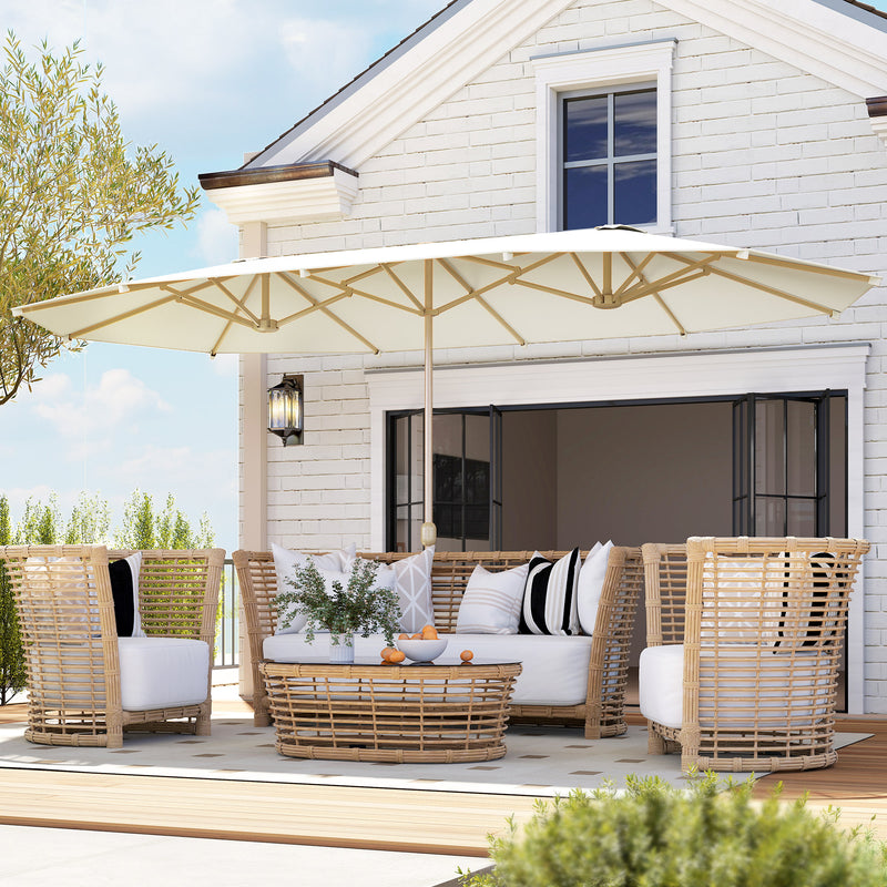 Outsunny - 15 ft Double-Sided Patio Umbrella with Twin Canopy, UPF30+ Extra Large Rectangular Market Umbrella with Crank, Beige — 84D-344V00BG