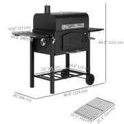 Outsunny - Charcoal Smoker Adjustable Height, Folding Shelves, Thermometer, and Wheels, Black