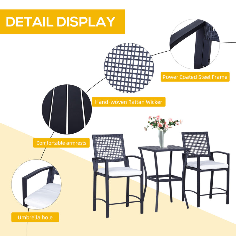 Outsunny - 3 Pieces Outdoor Wicker Bar Set, Classic Bistro Bar Set Garden Rattan Style Patio Bar Table & High Chairs w/ Cushions Home Bar Furniture, Cream White