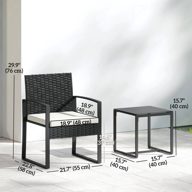 Outsunny - Outdoor Bistro Set, 3 Piece Wicker Patio Furniture Set with Glass Top Table and Cushions for Porch, Balcony, Cream White