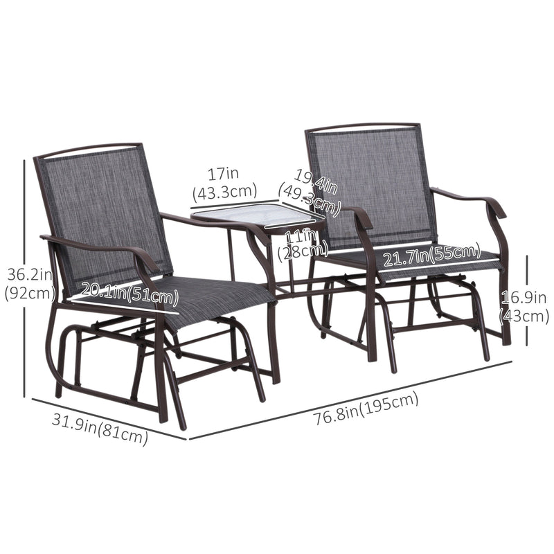 Outsunny - Double Patio Glider Chair with Glass Top Center Table, Outdoor Glider Loveseat with High Back, All Weather Breathable Mesh Fabric for Garden, Backyard, Deck, Grey