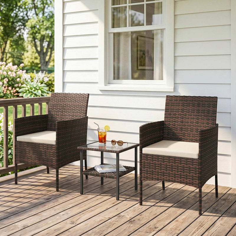 Outsunny - Wicker Bistro Set, 3 Piece Patio Furniture Set with 2-Tier Glass Top Table, Cushions for Balcony, Porch, Khaki