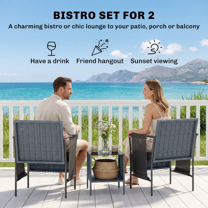 Outsunny - 3 Piece Wicker Patio Furniture Set, Outdoor Bistro Set, Side Pockets, Mesh Seat, 2 Tier Glass Table, Cushions, Black