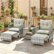Outsunny - 5 Piece Patio Furniture Set, Wicker Patio Chairs with Ottomans, 2-Tier Glass Coffee Table and Cushions, Grey/Cream White