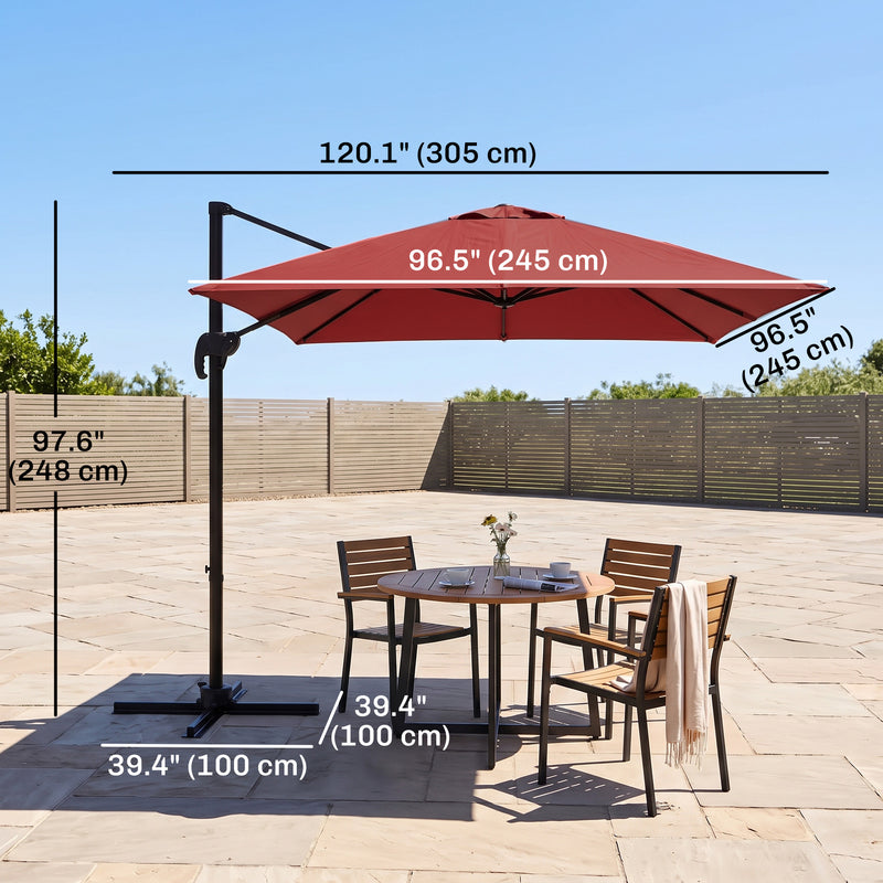 Outsunny - 8' x 8' Square Patio Hanging Offset Umbrella with 360° Rotation, Aluminum Outdoor Cantilever Parasol with Crank & Tilt, Sun Canopy Shelter with Cross Base, Wine Red — 84D-051V00WR