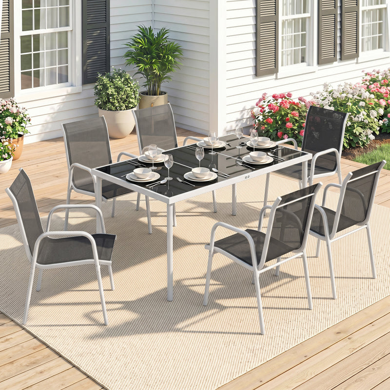 Outsunny - 7 Piece Garden Dining Set, Garden Furniture Set with Rectangle Table and 6 Stackable Chairs