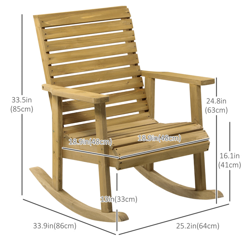 Outsunny - Wooden Outdoor Rocking Chair, Patio Traditional Rocking Chair, Slatted Structure Porch Rocker w/ Armrest for Both Outdoor and Indoor, Light Brown