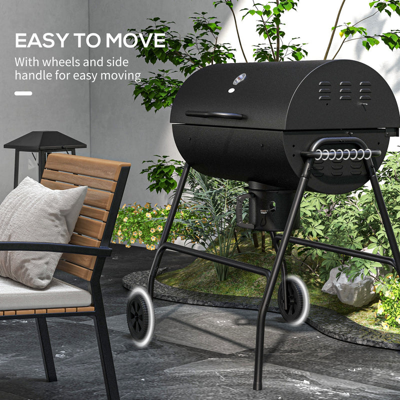 Outsunny - Barrel Charcoal BBQ Smoker, Barbecue with 420 sq.in. Cooking Area, Wheels, Ash Catcher, Black