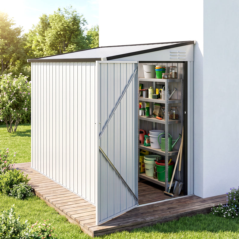 4' x 8' Outdoor Storage Shed Lean to Shed Outdoor Metal Tool Shed with Lockable Door and Air Vents, White