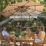 9.3 ft Patio Umbrella with Solar LED Lights, Cover, 3 Tier Outdoor Market Table Parasol with Tilt, Crank, Khaki