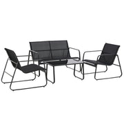 Outsunny - 4 Piece Patio Furniture Set, Outdoor Conversation Set with Loveseat Sofa, Armchairs, Glass Top Coffee Table, Black