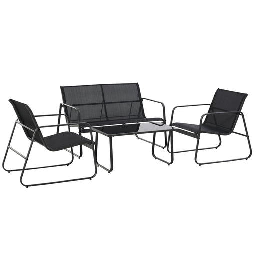 Outsunny - 4 Piece Patio Furniture Set, Outdoor Conversation Set with Loveseat Sofa, Armchairs, Glass Top Coffee Table, Black