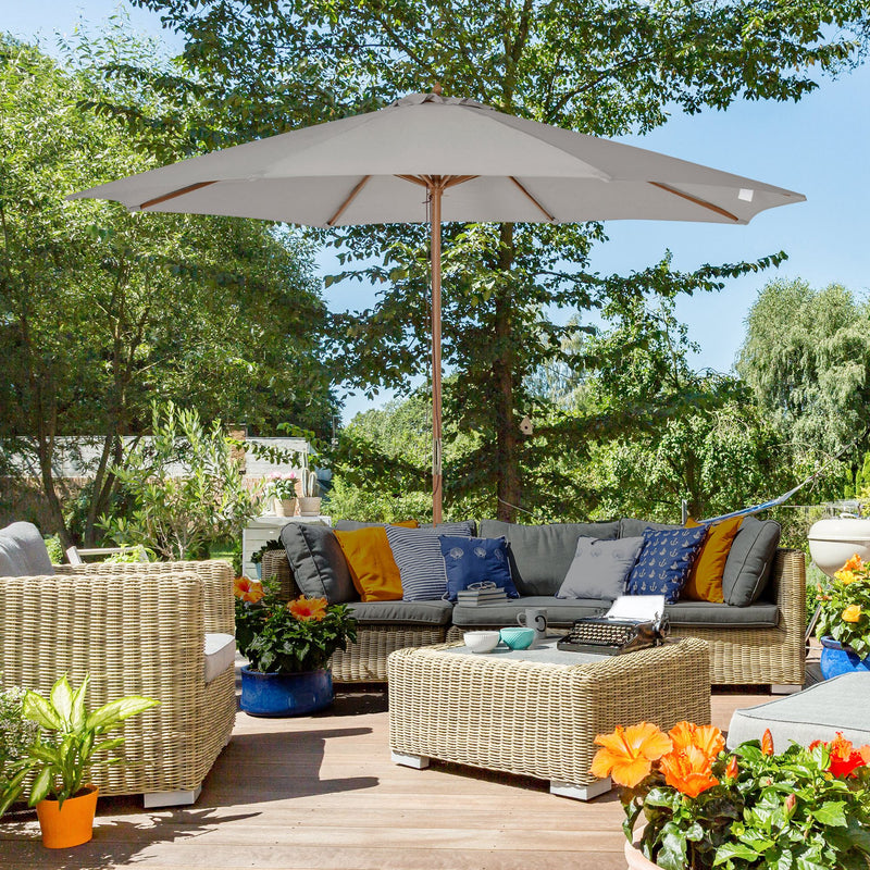 10' x 8' Wooden Patio Umbrella, Garden Parasol, Outdoor Sunshade Canopy with Bamboo Rib for Outdoor, Grey