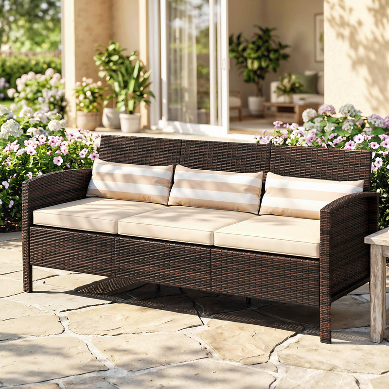 Outsunny - 3-Seater Wicker Sofa, PE Rattan Outdoor Couch Conversation Furniture with Removable Cushions for Patio, Garden, Brown