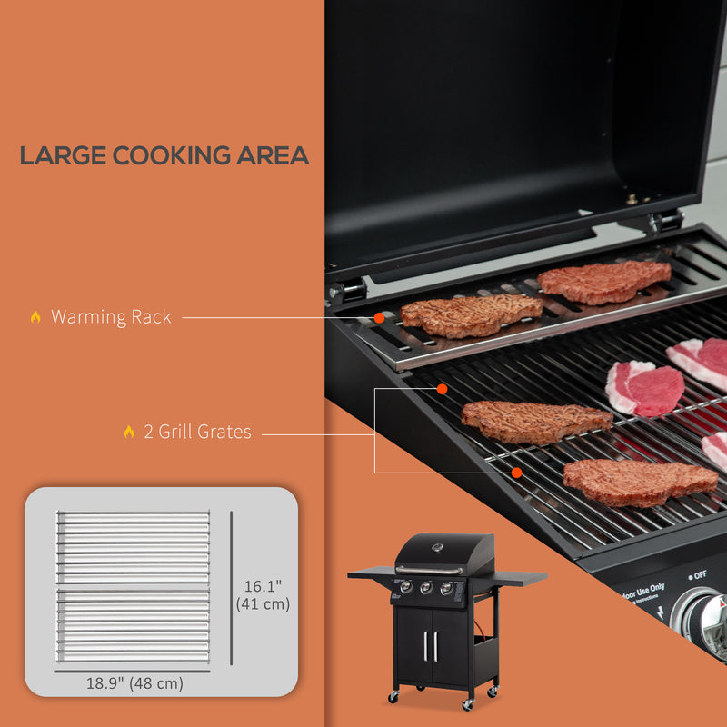 Outsunny - Outdoor 3 Burner Gas Grill Portable Barbecue w/ Wheels, Warming Rack, Shelves, Cabinet, Thermometer, Black