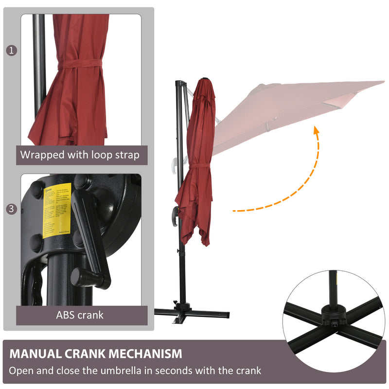 Outsunny - 8' x 8' Square Patio Hanging Offset Umbrella with 360° Rotation, Aluminum Outdoor Cantilever Parasol with Crank & Tilt, Sun Canopy Shelter with Cross Base, Wine Red — 84D-051V00WR
