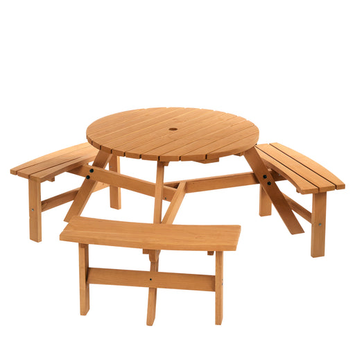 Outsunny - 6 Person Round Picnic Table Bench Set with Umbrella Hole, Wood Patio Table with 3 Built-in Benches for Garden, Deck, Backyard, Brown