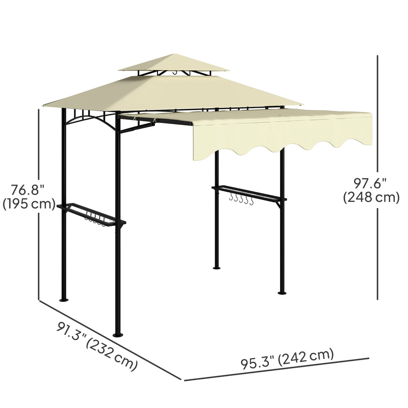 Outsunny - 8' x 7.6' Grill Gazebo, Double Tiered Barbecue Grill Gazebo Shelter w/ Side Awning, 2 Side Shelves, 6 Hooks, Beige