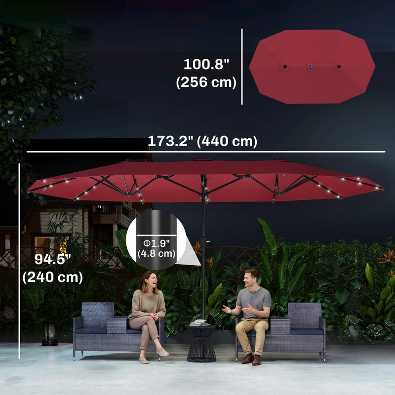 Outsunny - 173.2" Double-Sided Sun Umbrella Garden Parasol Patio Sun Shade Outdoor with LED Solar Light, No Base Included, Wine Red — 84D-106WR