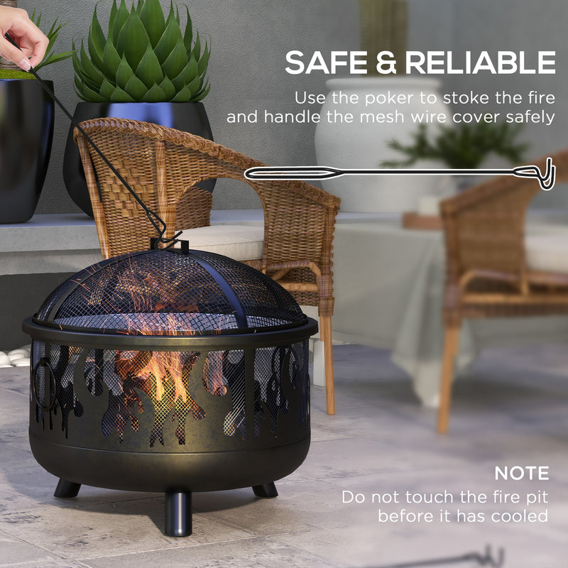 Outsunny - Outdoor Metal Fire Pit, 24" Round Firepit Bowl w/ Lid Grill Poker Handles for Garden, Camping, BBQ, Bonfire, Black