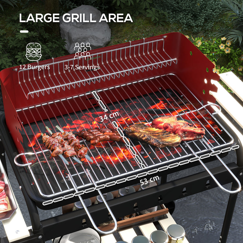 Outsunny - Charcoal Barbecue Grill with Adjustable Grill Height, Portable BBQ Trolley with Ash Catcher and Wheels, Red