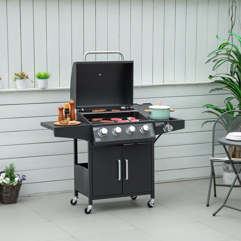 Outsunny - 4+1 Burner Liquid Propane Gas Grill Outdoor Cabinet Style BBQ Trolley w/ Side Burner, Warming Rack, Side Shelf, Storage Cabinet, Thermometer, 4 Wheels, Carbon Steel, Black