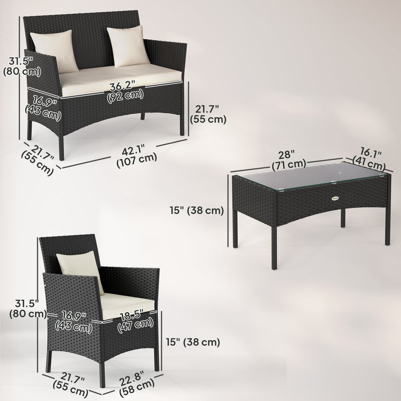 Outsunny - 4-Piece Rattan Outdoor Furniture Set Patio Furniture Set with Coffee Table 22.8" W x 21.7" D x 33.5" H Black & Cream
