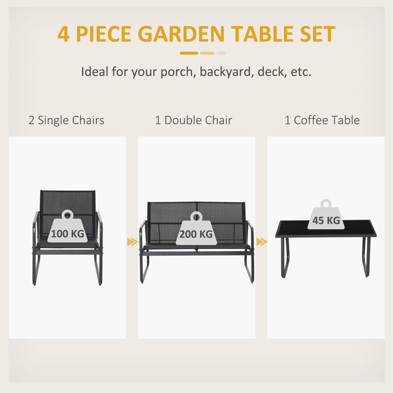 Outsunny - 4 Piece Patio Furniture Set, Outdoor Conversation Set with Loveseat Sofa, Armchairs, Glass Top Coffee Table, Black