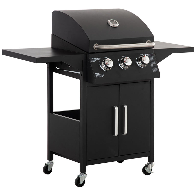Outsunny - Outdoor 3 Burner Gas Grill Portable Barbecue w/ Wheels, Warming Rack, Shelves, Cabinet, Thermometer, Black