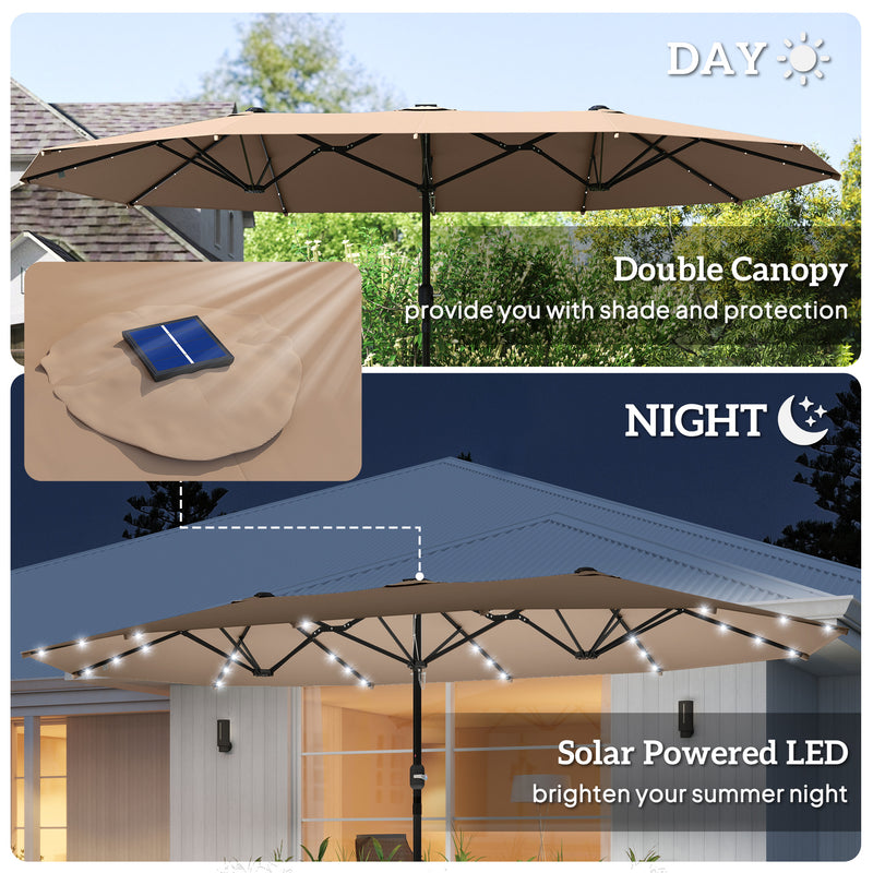 Outsunny - 174" Double-Sided Sun Umbrella Garden Parasol Patio Sun Shade Outdoor with LED Solar Light, Khaki — 84D-106CF