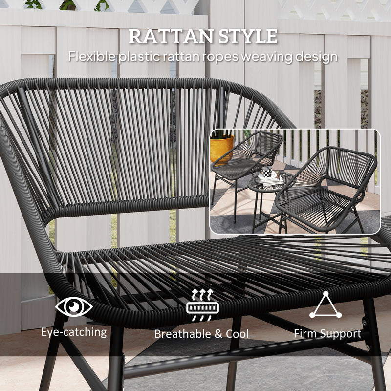 Outsunny - 3 Piece Bistro Set, Wicker Outdoor Patio Furniture Set with Glass Top Table, Cushions for Balcony, Porch, Black