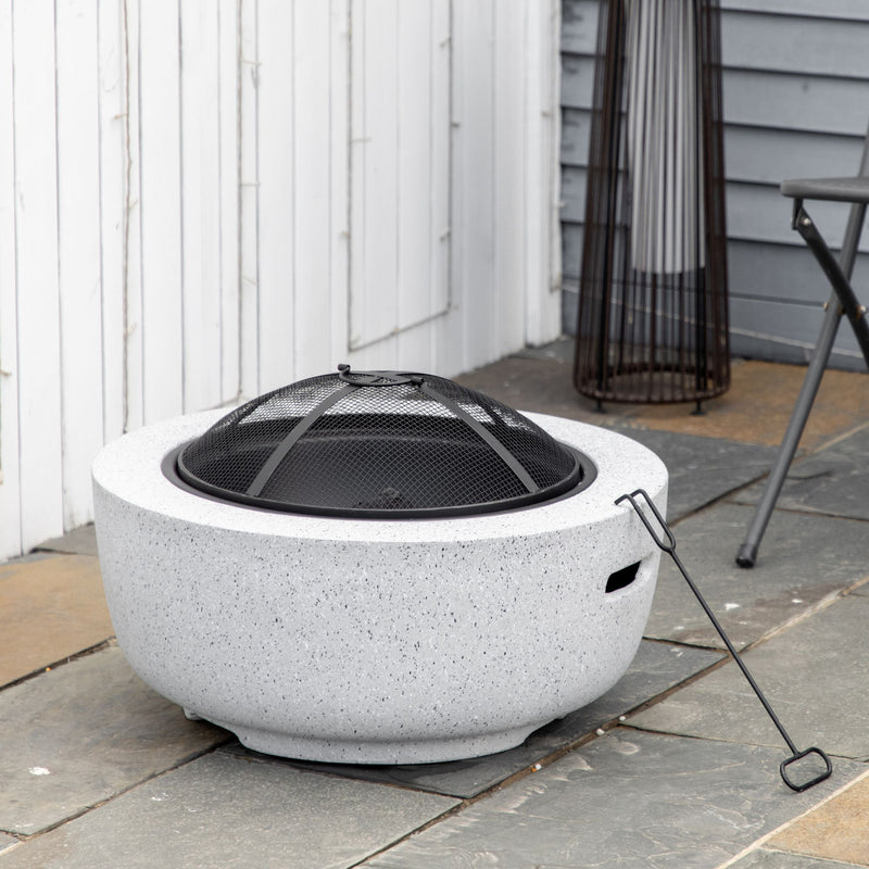 Outsunny - 24" Outdoor Fire Pit with Stone Effect, Wood-burning Firepit Fireplace with Spark Screen and Poker for Backyard Camping Bonfire, Gray