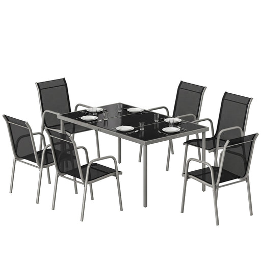 Outsunny - 7 Piece Garden Dining Set, Garden Furniture Set with Rectangle Table and 6 Stackable Chairs
