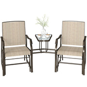 Outsunny - Double Patio Glider Chair with Glass Top Center Table, Outdoor Glider Loveseat with High Back, All Weather Breathable Mesh Fabric for Garden, Backyard, Deck, Light Brown