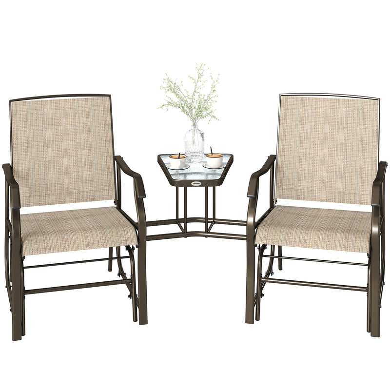 Outsunny - Double Patio Glider Chair with Glass Top Center Table, Outdoor Glider Loveseat with High Back, All Weather Breathable Mesh Fabric for Garden, Backyard, Deck, Light Brown