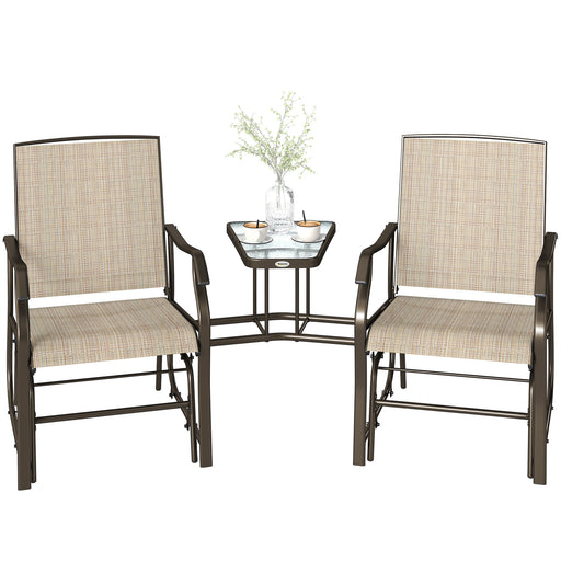 Outsunny - Double Patio Glider Chair with Glass Top Center Table, Outdoor Glider Loveseat with High Back, All Weather Breathable Mesh Fabric for Garden, Backyard, Deck, Light Brown